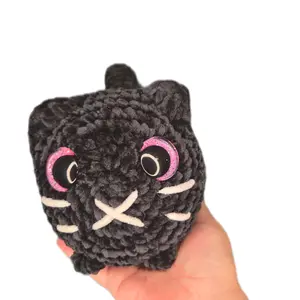Handmade Crocher Black Chunky Loaf Cat Plushie - Pink Hand painted Style Yarn with Glitters eyes