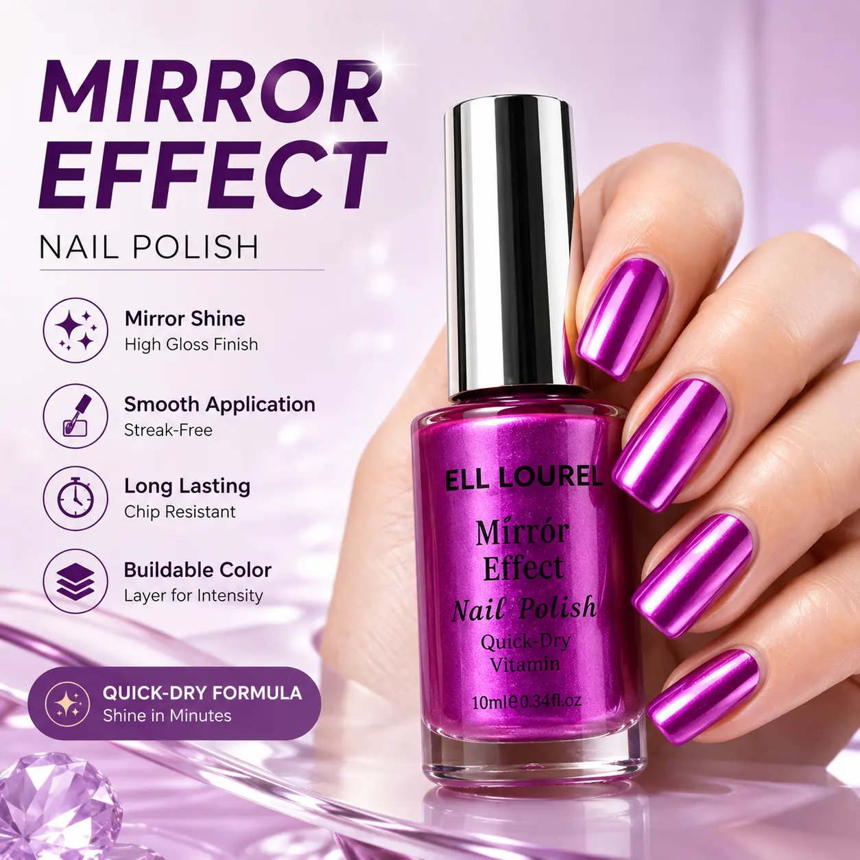 ELL LOUREL Mirror Chrome Nail Polish, High Gloss, Smooth Streak-Free, No UV Light Required, Quick-Dry, Chip-Resistant, Buildable Color, Vitamin-Enriched, Great for Daily & Parties