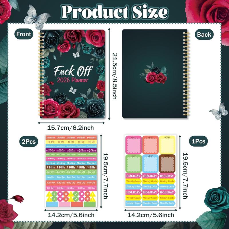 2026 Weekly and Monthly Planner, Dark Romantic Notebook, featuring floral and skull patterns, perfect as a New Year's holiday gift.  Hardcover calendar, A5 size, includes labels, stickers, and a back pocket.