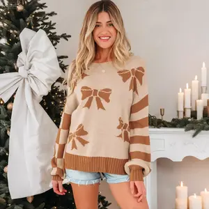 SHAPUM Festive Bow Sweater Christmas Knit Jumper Cozy Fluffy Holiday Sweater Women Fashion Winter Outfit Black White Red Brown Color Options Cute Xmas Party Wear