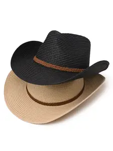 Unisex Vintage Straw Cowboy Hat, Summer Wide Brim Sun Hat, Foldable Casual Beach Hat, Breathable Western Style, Outdoor Fashion Accessory