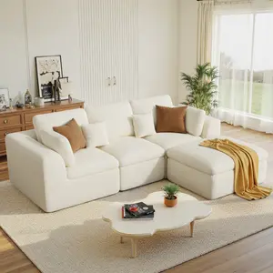 【3 Packages shipping】115" Cloud Boneless Sectional Couch, Deep Seat L Shaped Modular Couch with Ottoman, Oversized Upholstered Convertible 4 Seater Modular Sofa for Living Room,Beige Chenille