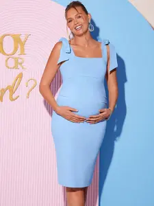 MISHELLA Elegant Solid Color Square Neck Tie Shoulder Maternity Dress Summer Gender Reveal