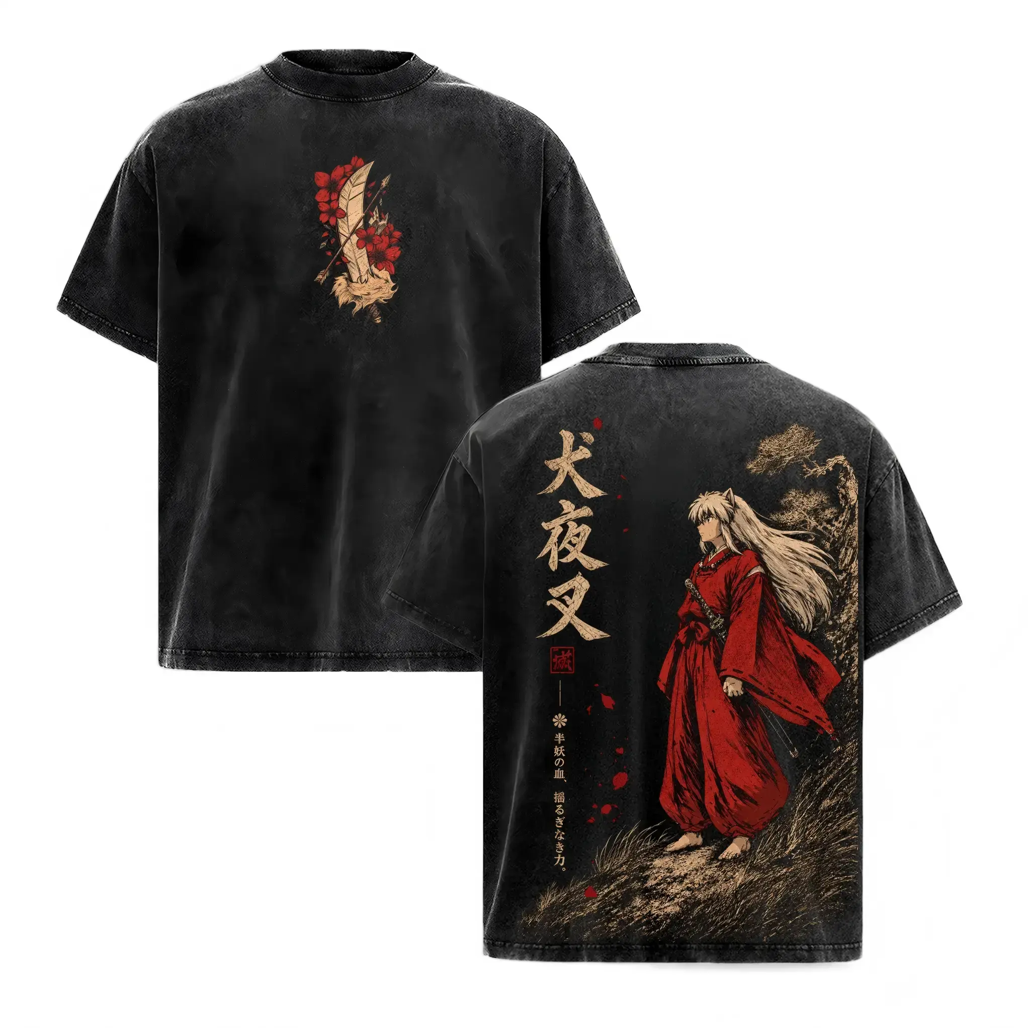 Inuyasha Shirt, Inuyasha Anime Graphic Tee, Vintage Washed Heavyweight Cotton Oversized Double-Sided T-Shirt, Japanese Manga Streetwear, Half-Demon Graphic Shirt, Unisex Tee