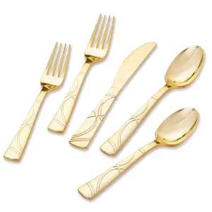 300PCS Golden Plastic Silver -Golden Plastic tableware kit - disposable tableware includes fork, golden spoon, golden knife each 100, suitable for party, birthday, wedding