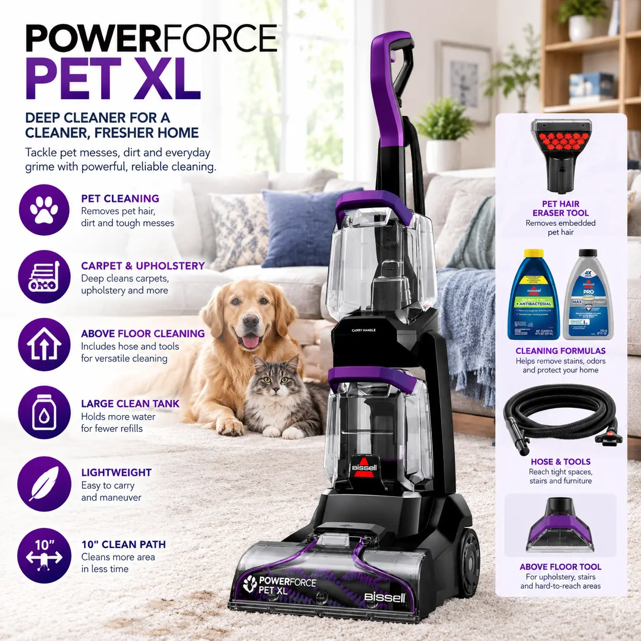 BISSELL PowerForce Pet XL Upright Deep Cleaner, for Carpet and Upholstery, 10" Clean Path, Above Floor Cleaning, Large Clean Tank, Lightweight, 3748, Black