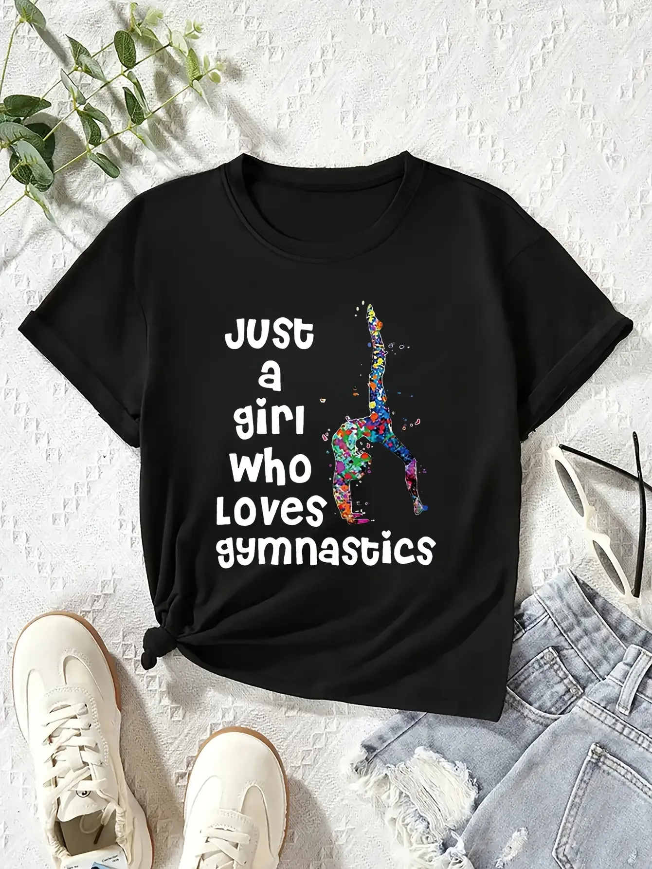 Girls' Graphic Printed Tee, Colorful "Just a Girl Who Loves Gymnastics" 100% Cotton Top with Short Sleeves and Round Neck, Everyday, Casual, Graphic Printed Tees, Fitted, Kids Style, Letters, Gymnast Graphic