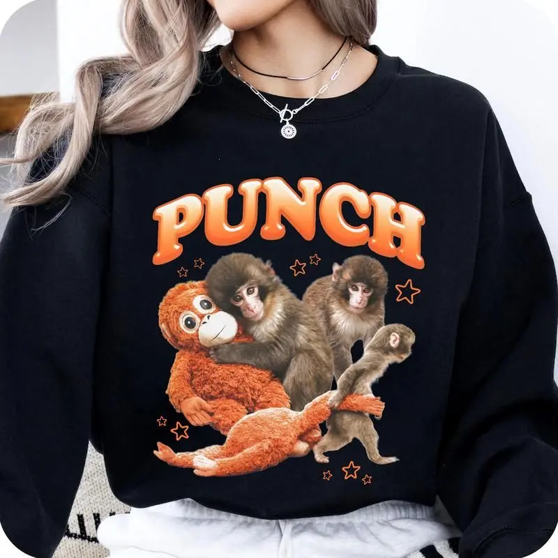 [Sale Up To 50%] Monkey Punch Graphic Sweatshirt/T-Shirt, Baby Monkey Holding Plush Toy, Animal Lover Gift, Cute Cozy Sweatshirt Hoodie