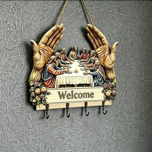 The Last Supper Key Holder for Wall Wooden Religious Decor with 4 Metal Hooks Faith-Inspired Home Organizer for Entryway, Hallway & Living Room Stylish Functional Decor (11.81 x 10.43 in)