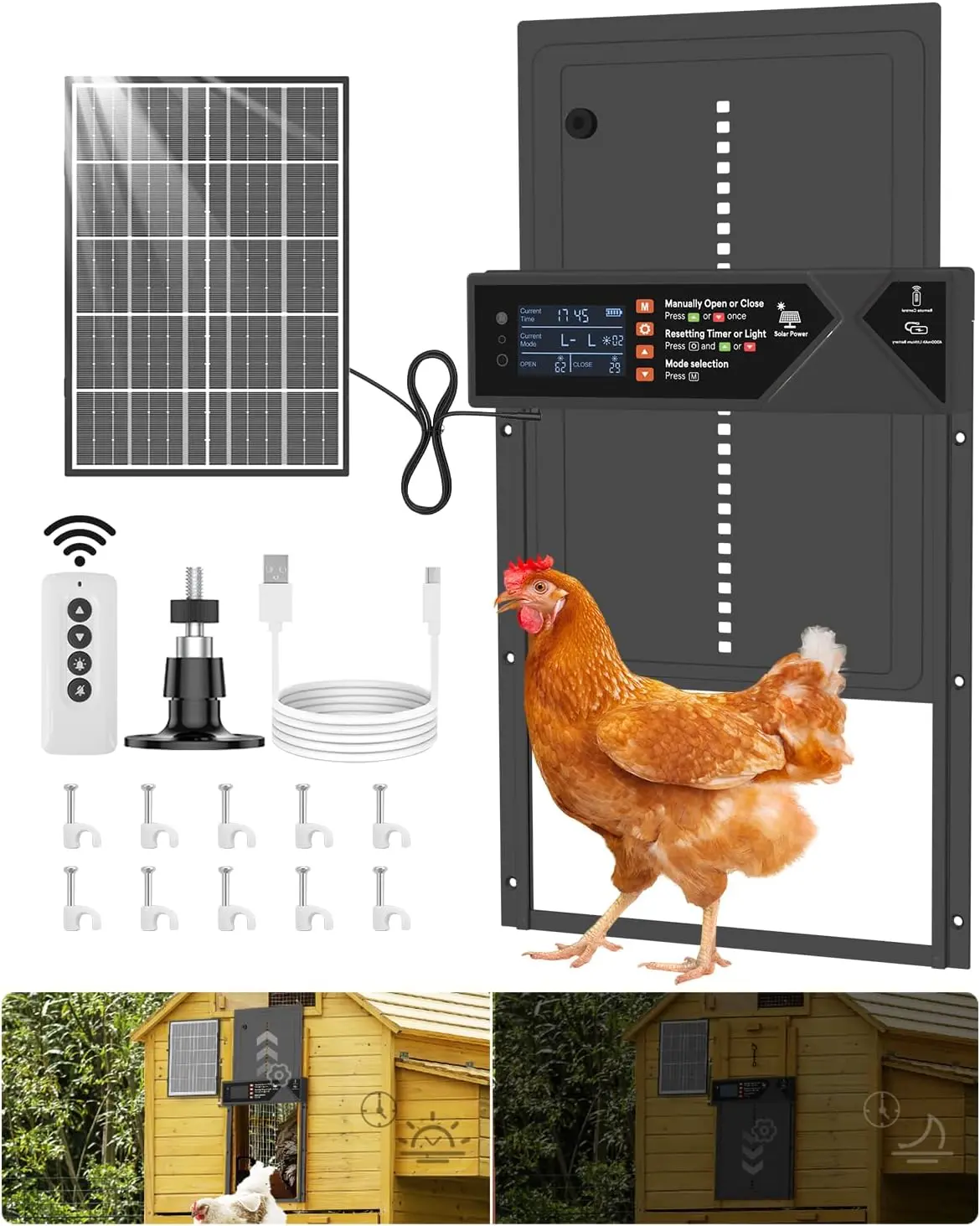 Large Automatic Chicken Coop Door, 4000mAh High Capacity Chicken Coop Door 7W Solar Powered with Timer & Light Sensor, Anti-Pinch Auto-Aluminum Chicken Door with Wire Clip & Remote Control-Black chicken coop door duck lcd display manual setting mode,summe