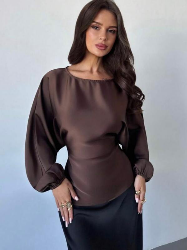 Elegant Satin Lantern Sleeve Top Blouse, Back Tie Waist Design, Round Neck, Perfect for Commuting and Dates, High-End Style