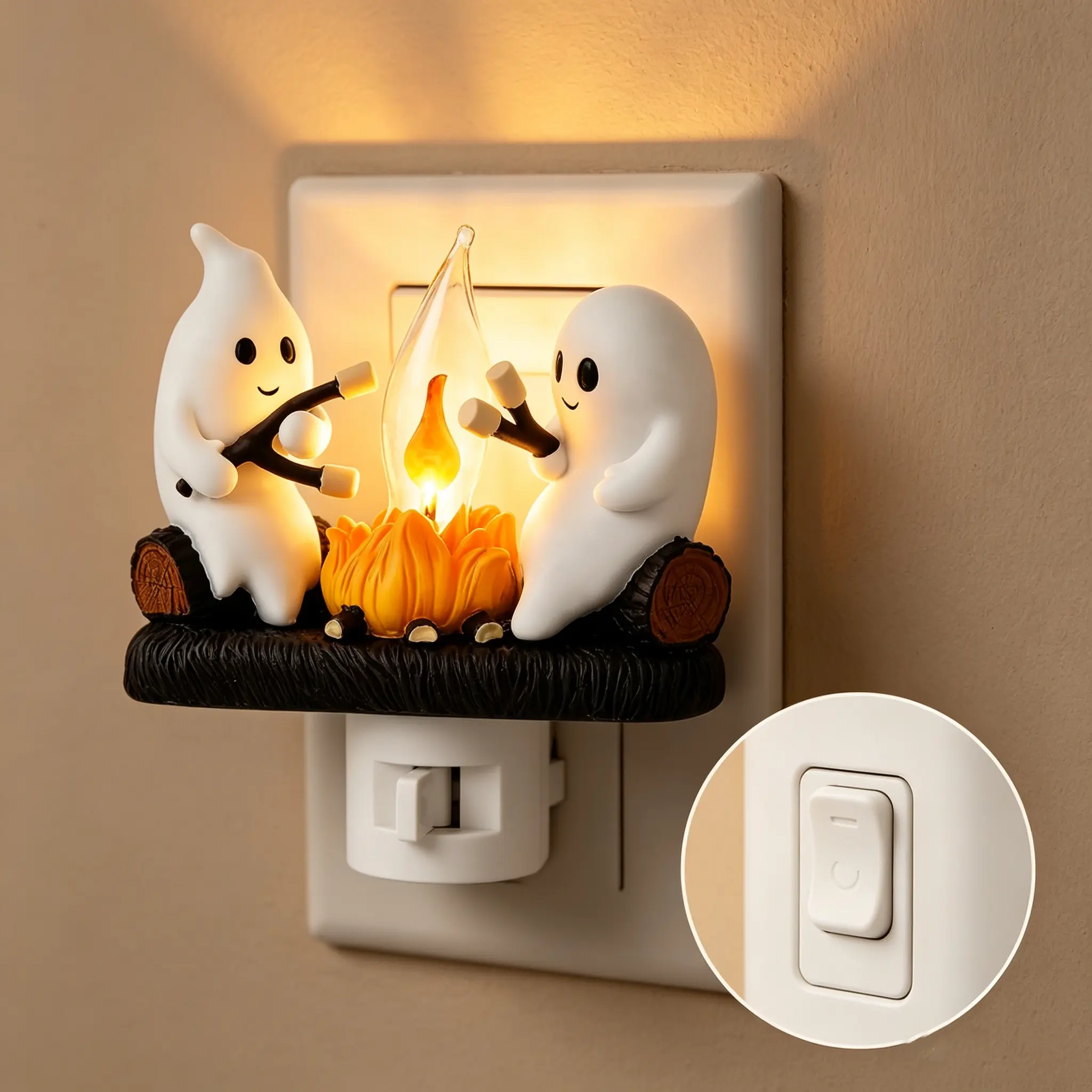 3D resin Halloween night light, warm glow indoor bedroom living room decorative light, ghost themed gift, Halloween plug-in wall flickering flame night light, Halloween lighting - horror decoration - haunted house decoration - fluorescent Halloween items