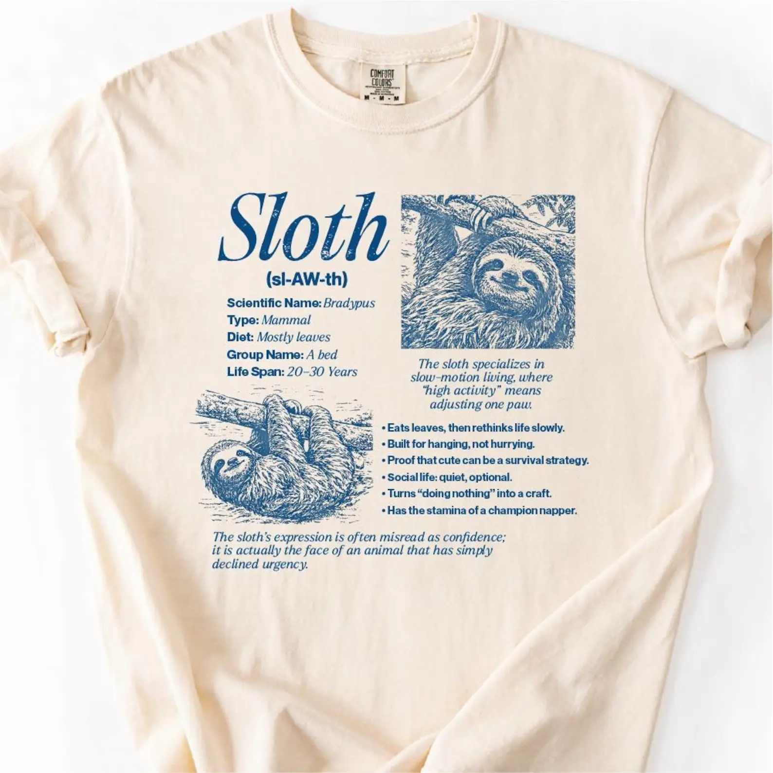 Sloth Encyclopedia Shirt Funny Sloth Tee with Vintage Style Sloth Illustrations & Facts 100% Ring Spun U S Cotton Relaxed Fit T Shirt for Animal Lovers