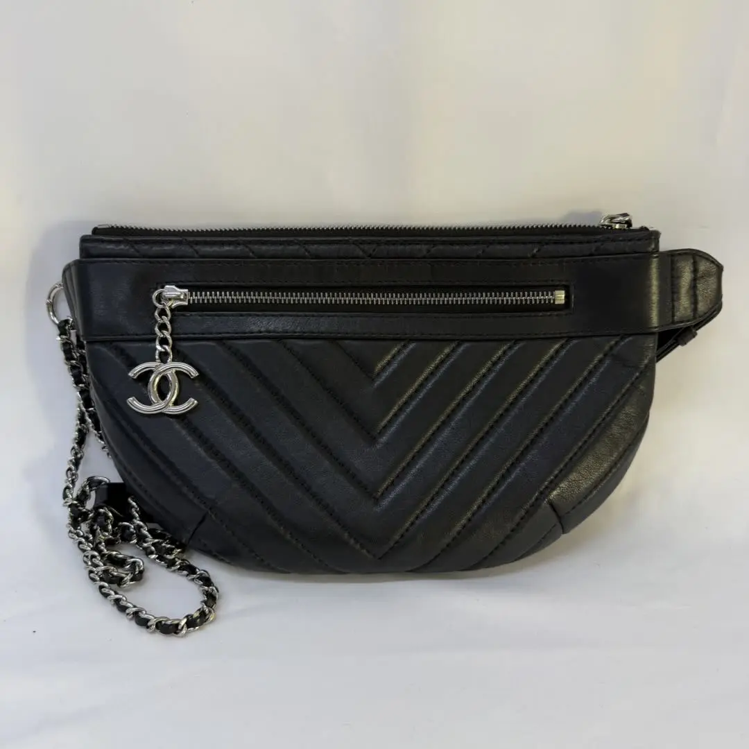 Pre-owned CHANEL V Stitch Waist/Bumbag in Black Lambskin with Silver Hardware