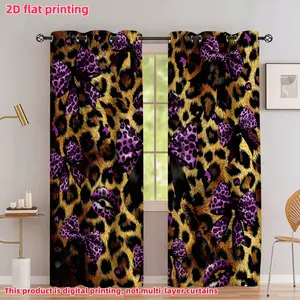2D Flat 2Pcs Leopard Print Curtains with Purple Bows and Lips, Semi-Sunshade Polyester Fiber, Eyelet Design, Suitable for Home Living Room, Bedroom, Balcony, Kitchen, Study Window Decoration, Accessory, Anti Privacy.