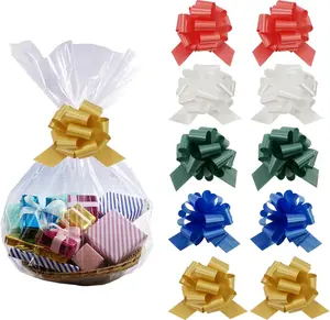 10-Pack Large Cellophane Bags with Bows for Gift Baskets, 24x30 Inch - Complete Gift Basket Wrapping Supplies Kit with Clear Plastic Wrap