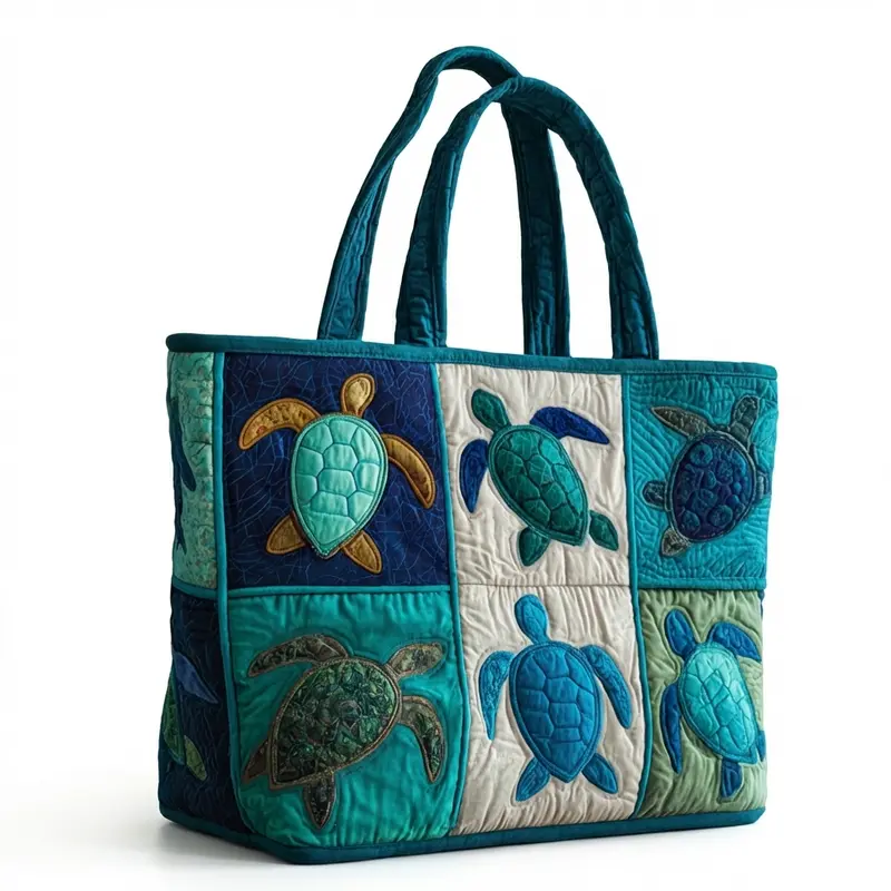 Patchwork Coastal Style Quilted Handbag, Printed Polyester Large Capacity Sea Turtle Pattern Shoulder Bag for Women, 1PC, Lightweight Reusable Reinforced Handle Bag For Beach Vacation Daily Shopping Travel Commute