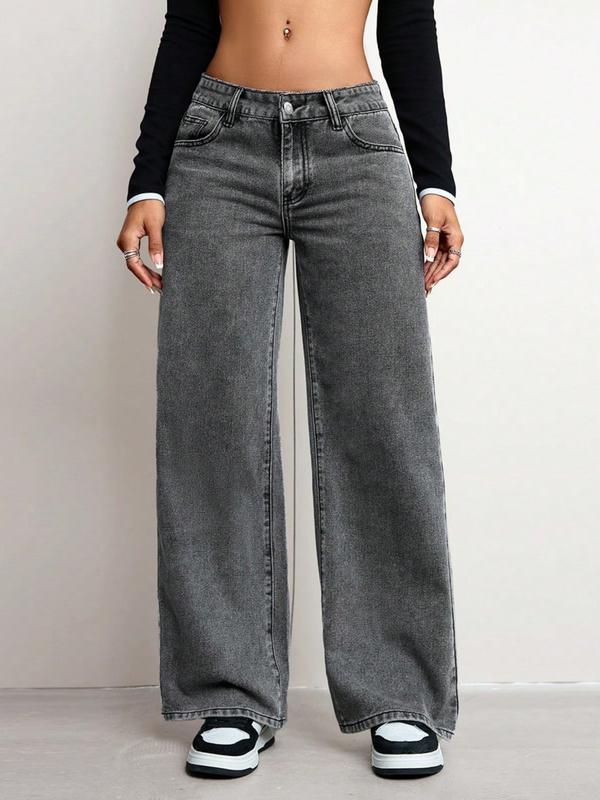 Women's Mid-Waist Wide Leg Straight Jeans, Trendy Coffee Casual Fashion, Zipper Fly, Pockets, All Seasons