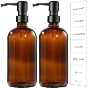 Amber Glass Soap Dispenser, 2 Pack Bathroom Hand Soap Dispensers with Stainless Steel Pump, 17 Fl Oz Kitchen Hand and Dish Soap Dispenser Set, Modern Vinta