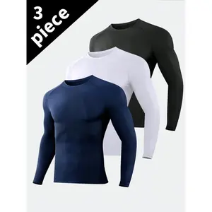 3 Pack Men's Slim Shape Top Sports Fitness Long Sleeve, Slim Tight Top, Outdoorfun,Comfortable Moisture Wicking Corset, Quick Drying and Breathable Outdoor Casual Fitness Riding Soccer Basketball T-Shirt