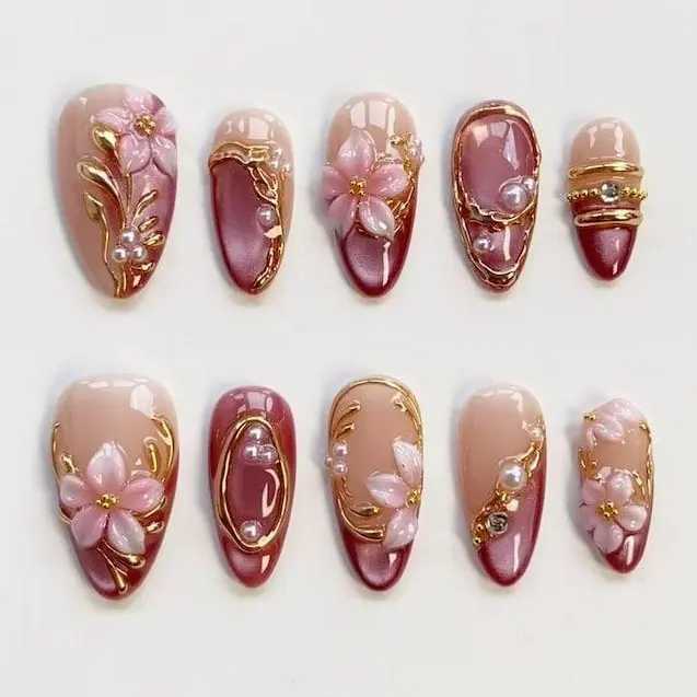 A4 Pink Cat Eye Floral Press-On Nails, 3D Flower and Pearl Detail Design, Gold Accent Luxury Style, Wedding Nails, Date Night, Party Look, Gift for Her