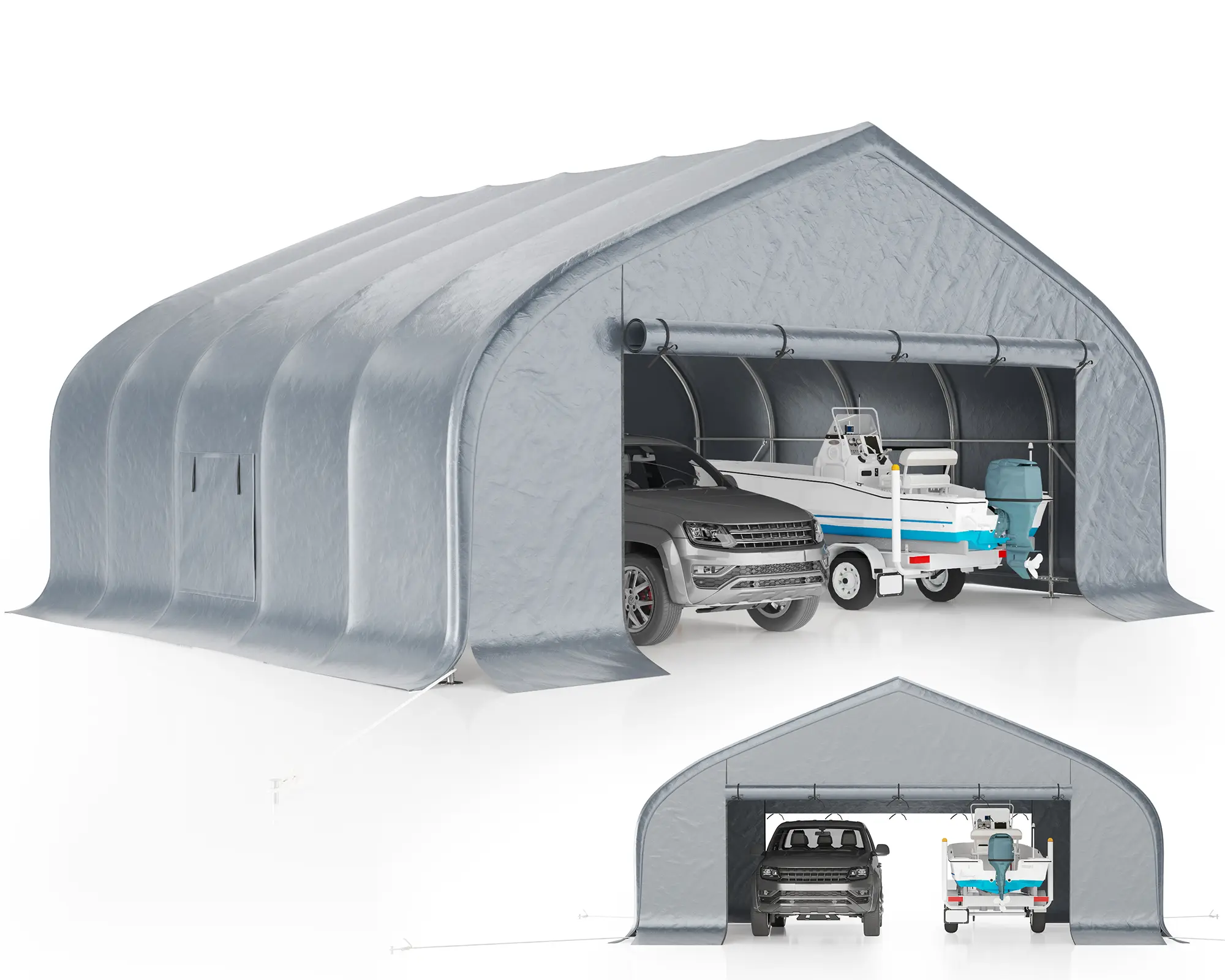 【Ships in 2 Boxes】AMERLIFE 12×30/22.5×20FT Walnut-Shaped Snow-Resistant Outdoor Carport with Galvanized Steel Frame, Roll-Up Doors & Mesh Windows, Outdoor Canopy with Reinforced Ground Stacks, for Truck & Boat, Silver Gray