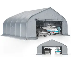 【Ships in 2 Boxes】AMERLIFE 12×30/22.5×20FT Walnut-Shaped Snow-Resistant Outdoor Carport with Galvanized Steel Frame, Roll-Up Doors & Mesh Windows, Outdoor Canopy with Reinforced Ground Stacks, for Truck & Boat, Silver Gray