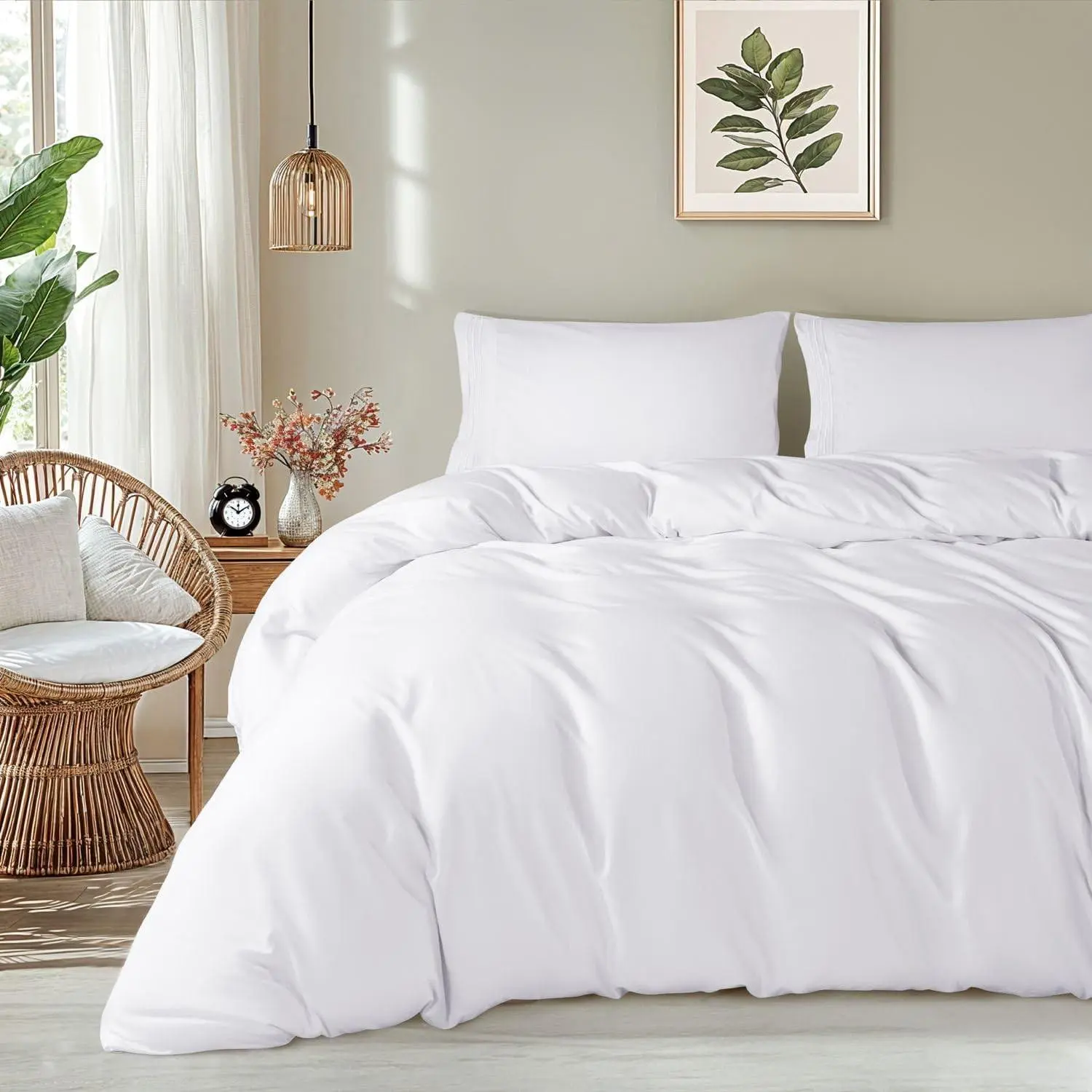 Queen Microfiber Duvet Cover Set - 3-Piece Breathable Lightweight & Cooling Cover with Zipper Closure & Corner Ties (White-1,Queen)