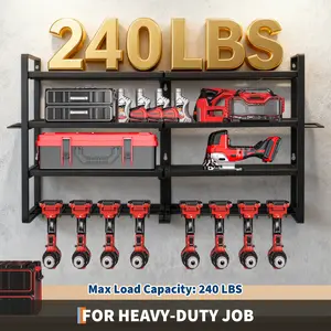 Garvee 4-Layer Wall Mount Power Tool Organizer - 8 Drill Holders, Drill Bit Rack, Black Efficient Garage Storage Shelf, Ideal Gift for Men