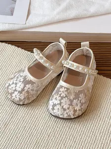 Girls' Floral Mesh Pearl Mary Jane Princess Shoes, Sweet Fresh Style, Magic Tape Slip-On, Anti-Slip Soft Sole, Round Toe, Toddler & School Use