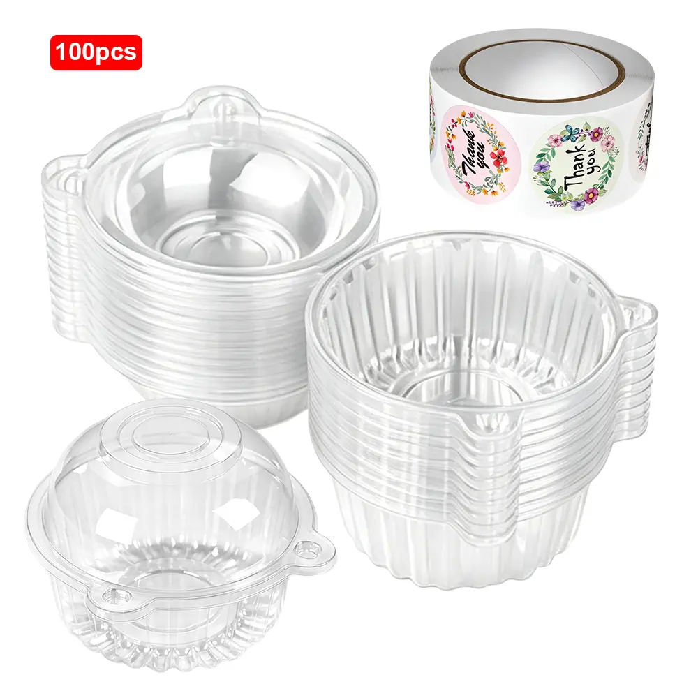 100 pcs transparent cupcake packaging box, matched with a roll of thank-you sticker, disposable plastic cake holder box, used for cupcake packaging, wedding, birthday, party Dim sum