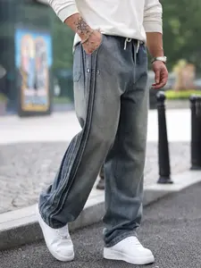Trendy Simple Vintage Blue American Jeans Men Spring Summer New High Street Striped Loose Fit Straight Leg Long Pants