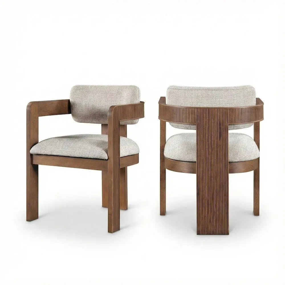 Set of 2 Art Deco Indoor Dining Chairs with Rubberwood Frame, Brown Textured Fabric, and Armrests