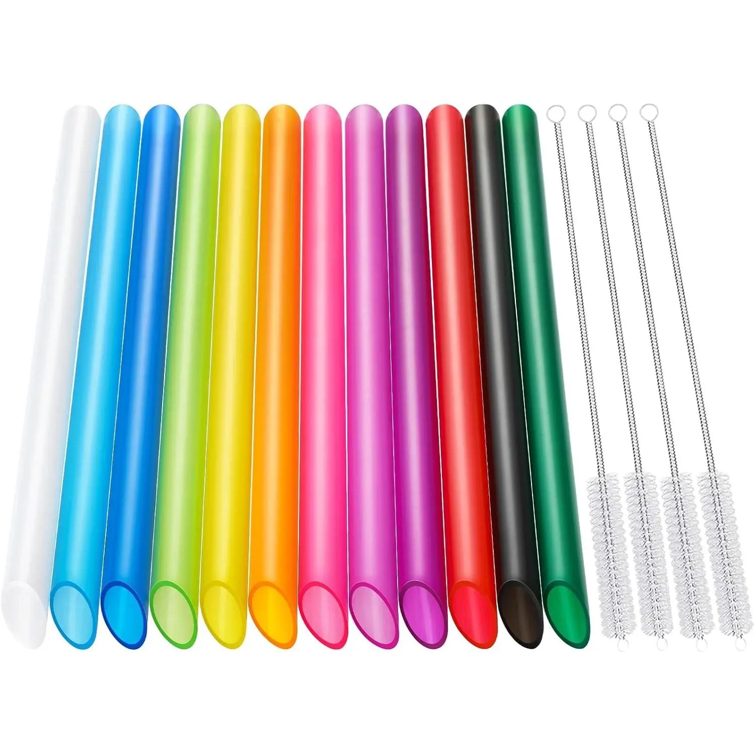 Angled Tips, 12 Pcs Wide Reusable Bubble Tea Straws with 4 Brushes - Multi Colors Jumbo Smoothie Straws, BPA FREE Plastic Straw for Bubble Tea (Tapioca, Pearls), Milkshakes