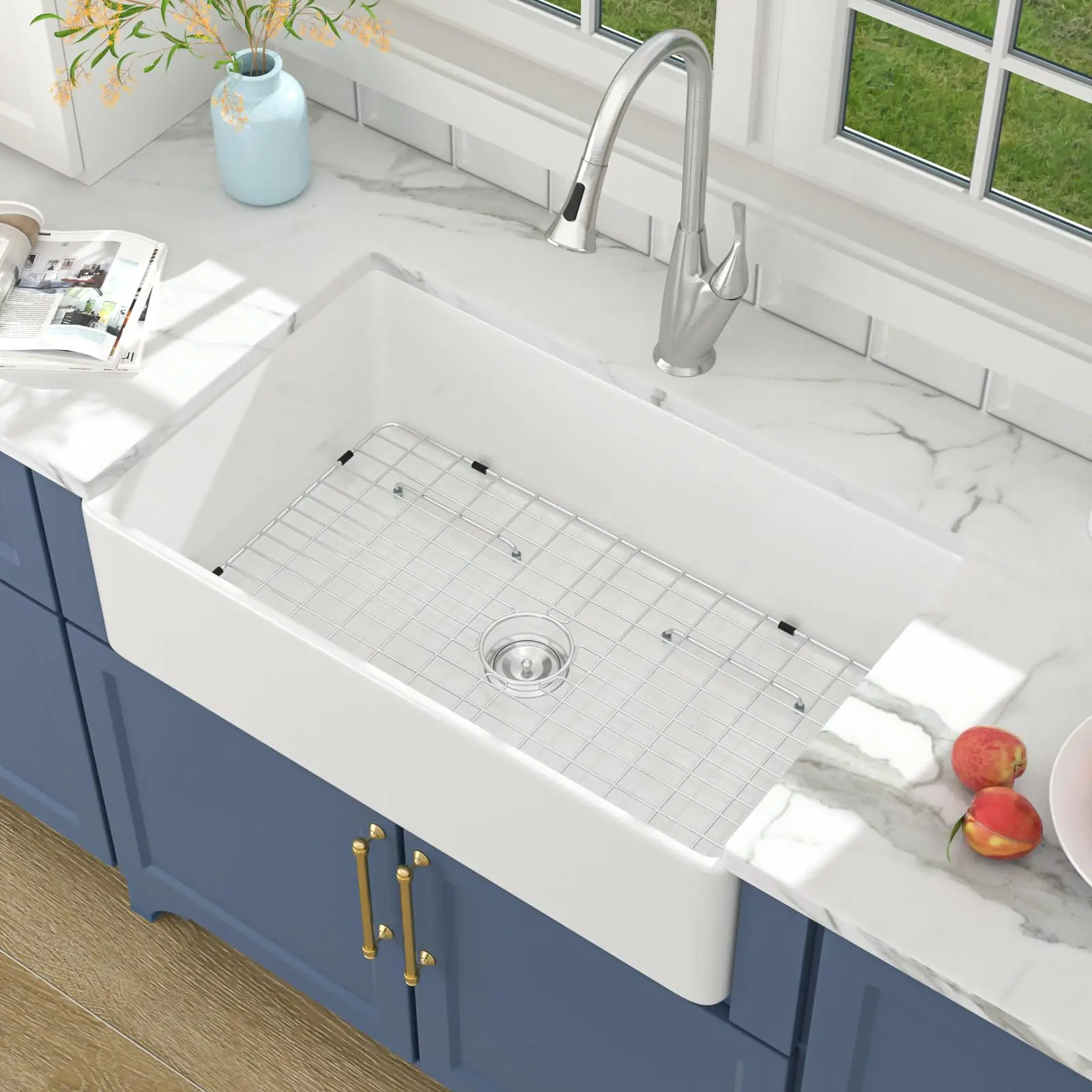 Lordear 30 Inch White Farmhouse Sink Apron Front Flat 30x20 Porcelain Ceramic Single Bowl Farmer Sink Farm Kitchen Sinks Basin Farm House Sinks 30x20x9 Inch