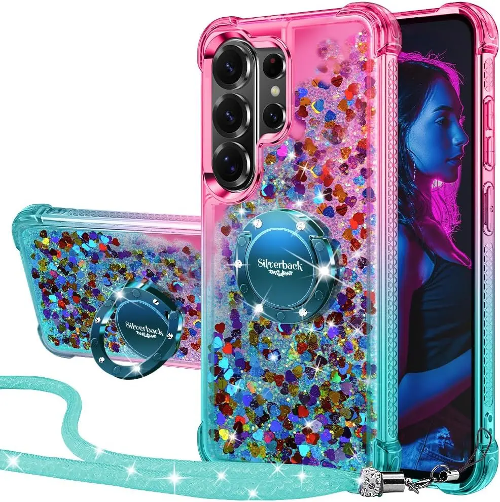 XYZ Women's Glitter Holographic Sequin Cute Smartphone Casing - Shockproof Diamond Ring Holder, Lanyard, Button Protection, Compatible with Samsung & Apple Cellphone/Handheld Devices