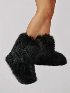 Women's Non-slip Fluffy Faux Fur Snow Boots, Round Toe Boot, Casual Comfortable Mid-calf Boots, Winter Warm Shoes for Indoor & Outdoor Wear