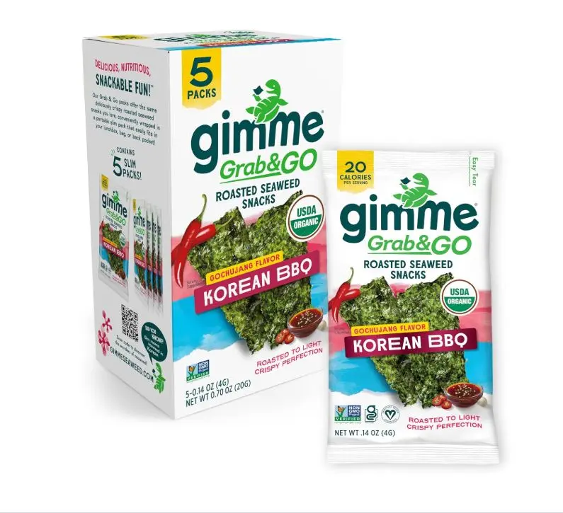 Gimme Seaweed Grab & Go Organic Premium Roasted Seaweed Snacks, Korean BBQ, 5 Count Trayless, Keto, Vegan, Gluten-Free, Source of Omega3s, Healthy On-The-Go Snack for Kids & Adults