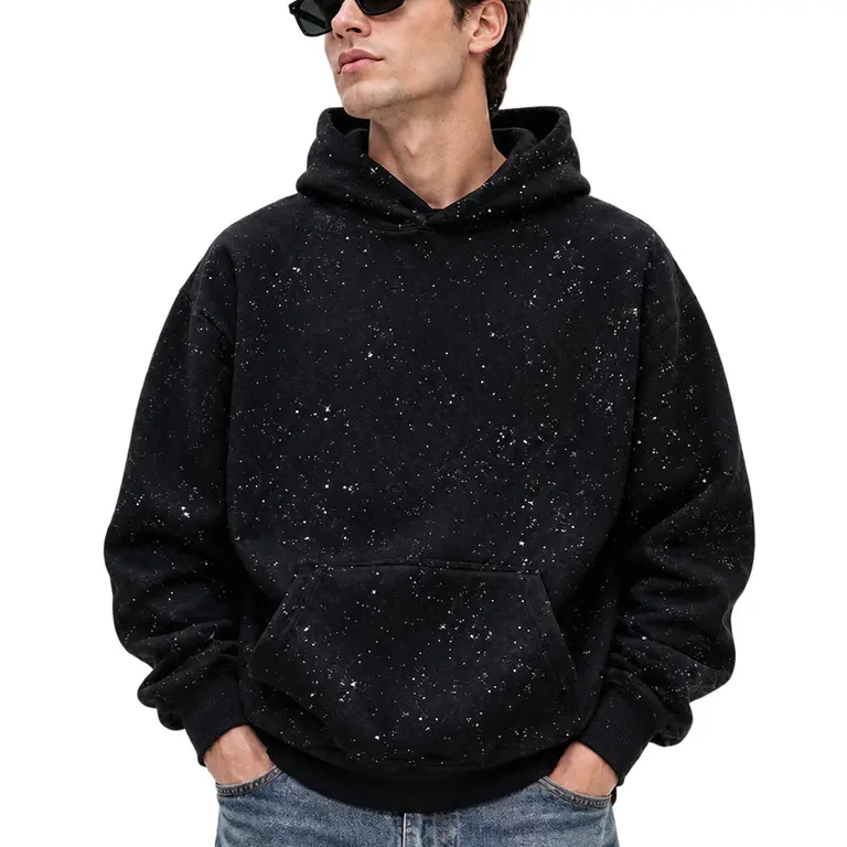 TELLFUN Men's Hoodie - Soft Pullover Sweatshirt, Sequined 2000s Style Foldable Y2K Galaxy Sweater, Loose-Fitting Long-Sleeved Casual Menswear Top with Pockets for Autumn & Winter