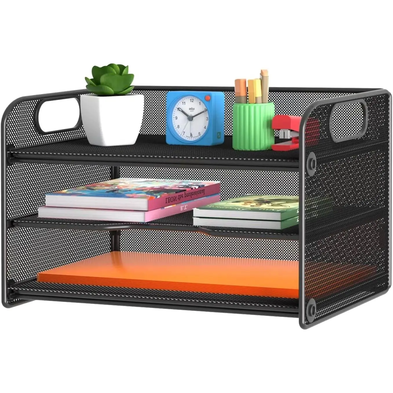 Black 3-Tier Mesh Letter Tray Desk Organizer with Handle - A4 Size Sliding Trays, Paper Sorter File Rack for Office Supplies Storage, Paper Storage Solution