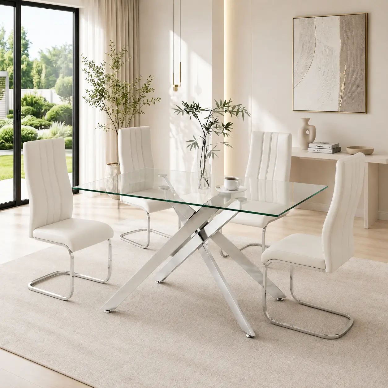 51.18" Rectangular Tempered Glass Dining Table for 4, Center Table with 8mm Clear Tempered Glass Top & Silver Chrome Metal Legs with Adjustable Leveling Feet, Modern Kitchen Table for Dining Room, Apartment & Living Room (Table Only)