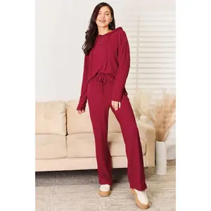 Basic Bae Full Size Ribbed Drawstring Hood Top and Straight Pants Set