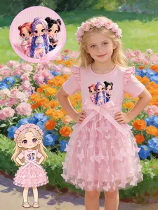Girls' Cartoon Ice Cream Print Dress, 3D Butterfly Mesh Princess Skirt, Summer Sweet Dress, K-Pop Fashion Dress for Girls