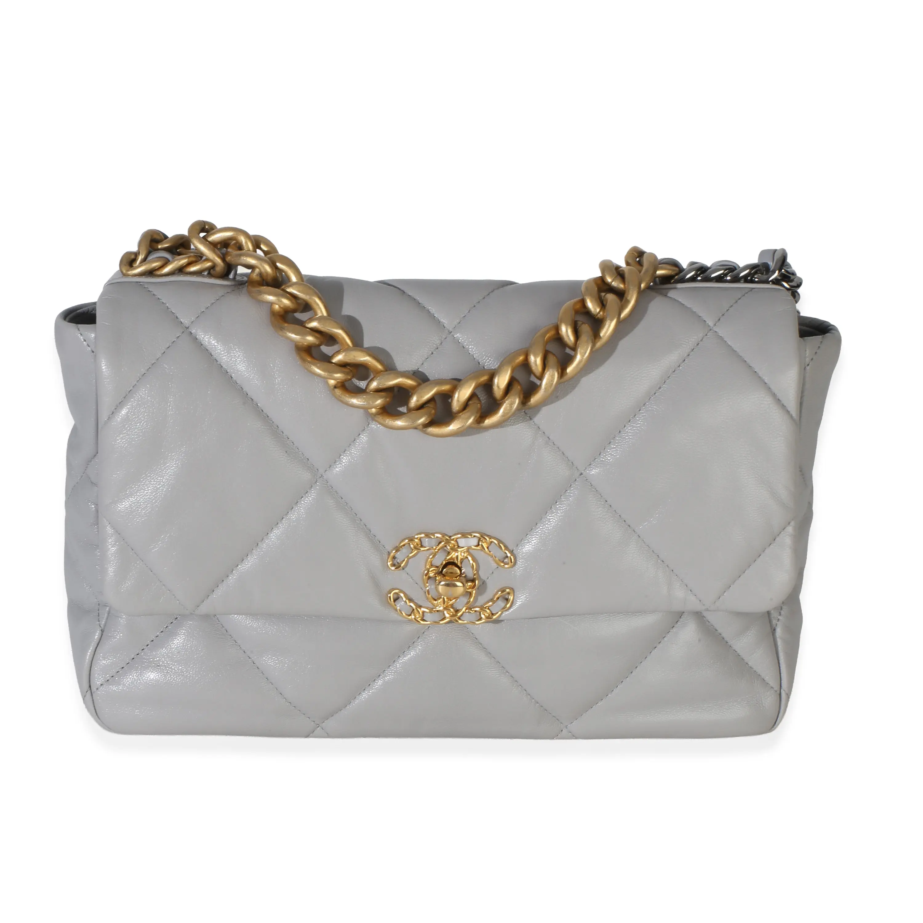 Pre-owned Leather Shoulder bags Grey Quilted Lambskin Large Chanel 19 Flap Bag