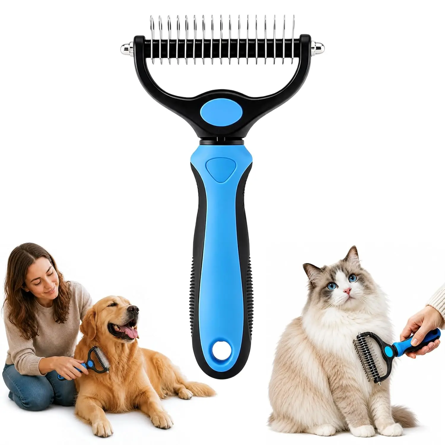 2-in-1 Double-Sided Stainless Steel Dematting Comb for Dogs & Cats, Lightweight Handle Right-Handed Undercoat Rake for Long Hair, Beauty/Hair Care Tool Removes Tangles, Knots & Loose Fur with Comfortable Feeling