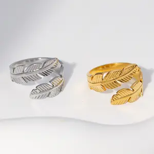 Women's Gold-Plated Feather Open Adjustable Non-Natural Crystal Ring - Colorfast Jewelry Accessory