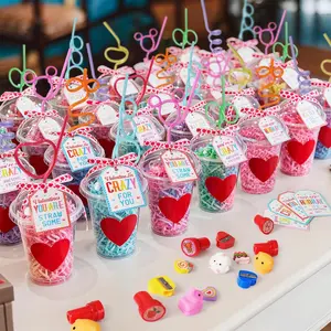 Valentines Day Gifts for Kids 24 Pack Stationery Set with Crazy Straws Cards Stickers Erasers Stampers Sharpener Cups Classroom Prize School Exchange Party Favors for Boys Girls