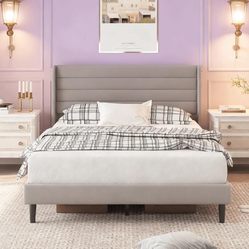 Queen Bed Frame with Modern Wingback Headboard Velvet Platform Solid Wood Slats No Box Spring Required Easy Assembly Light Beige