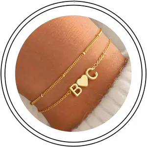 Gifts for Teen Girls Kids - 2 Initial Heart Bracelets, Dainty Layered 14K-Gold-Plated Heart Letter A-Z Charm Bracelets, Birthday Gifts for Women Girls Mom Daughter Jewelry