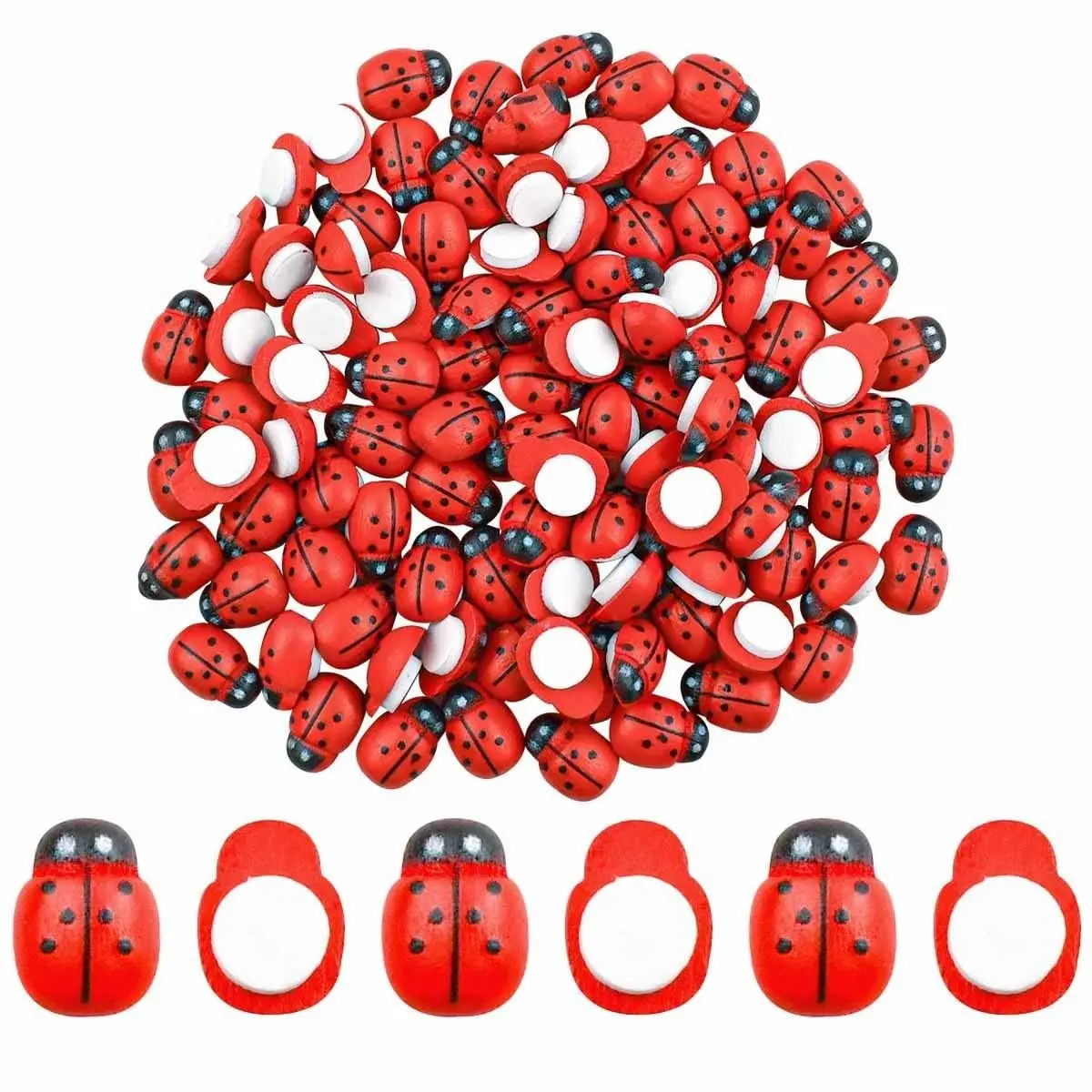 100pcs Mini Ladybugs Figurines, Wooden Ladybug Miniatures for Fairy Gardens, Garden Accessories, Self-Adhesive 3D Decorative Decorations for DIY Crafts & Home Decor